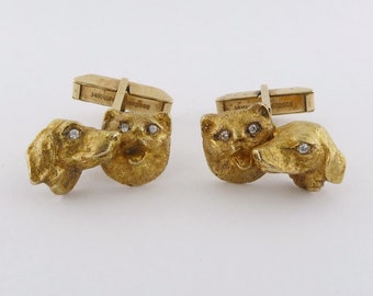 Vintage 14K Textured Yellow Gold and Diamond Whimsical Cat & Dog Cufflinks | 23.6 grams