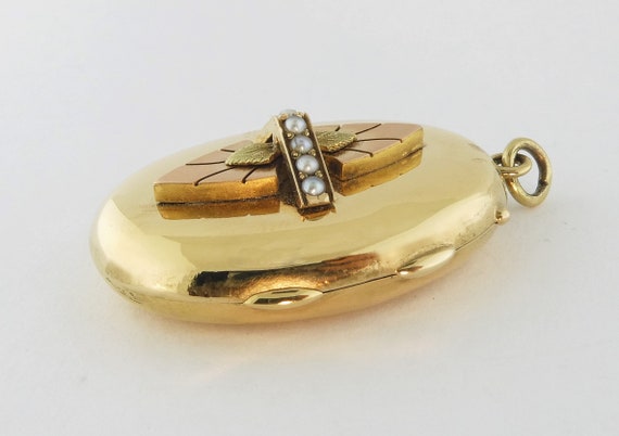 Antique 14K Yellow Gold & Seed Pearl Locket Penda… - image 3