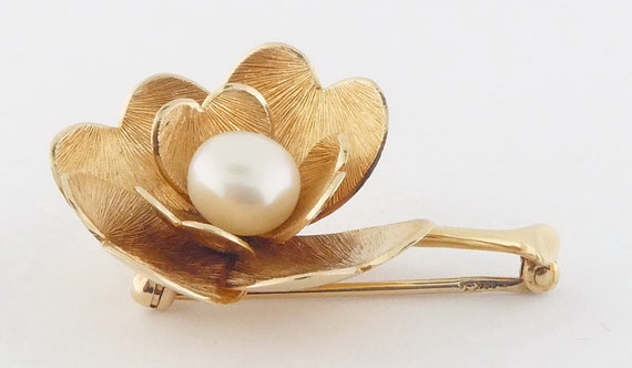 Vintage Krementz 14K Textured Yellow Gold & Pearl… - image 5