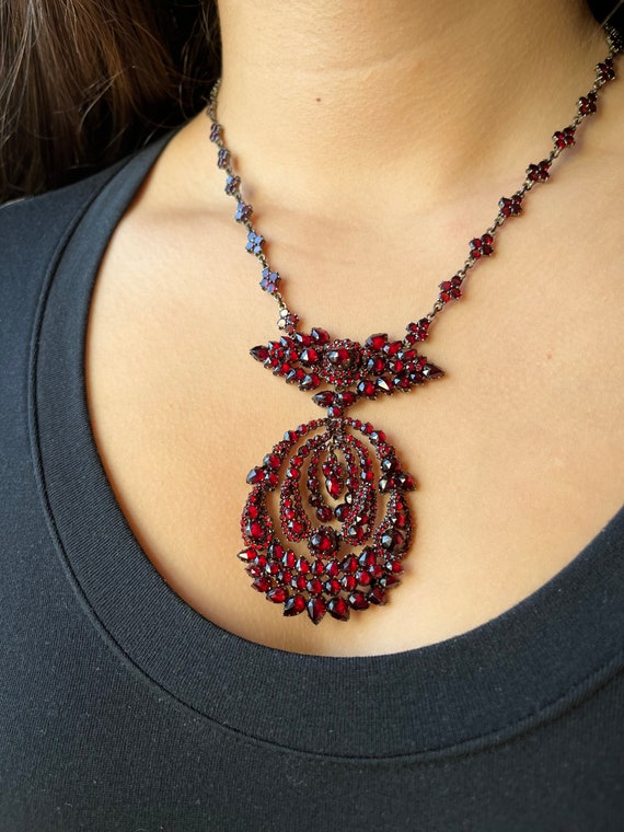 Antique Victorian Bohemian Garnet Large Cluster Pendant Necklace Antique  Brooch Conversion