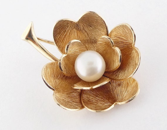 Vintage Krementz 14K Textured Yellow Gold & Pearl… - image 3