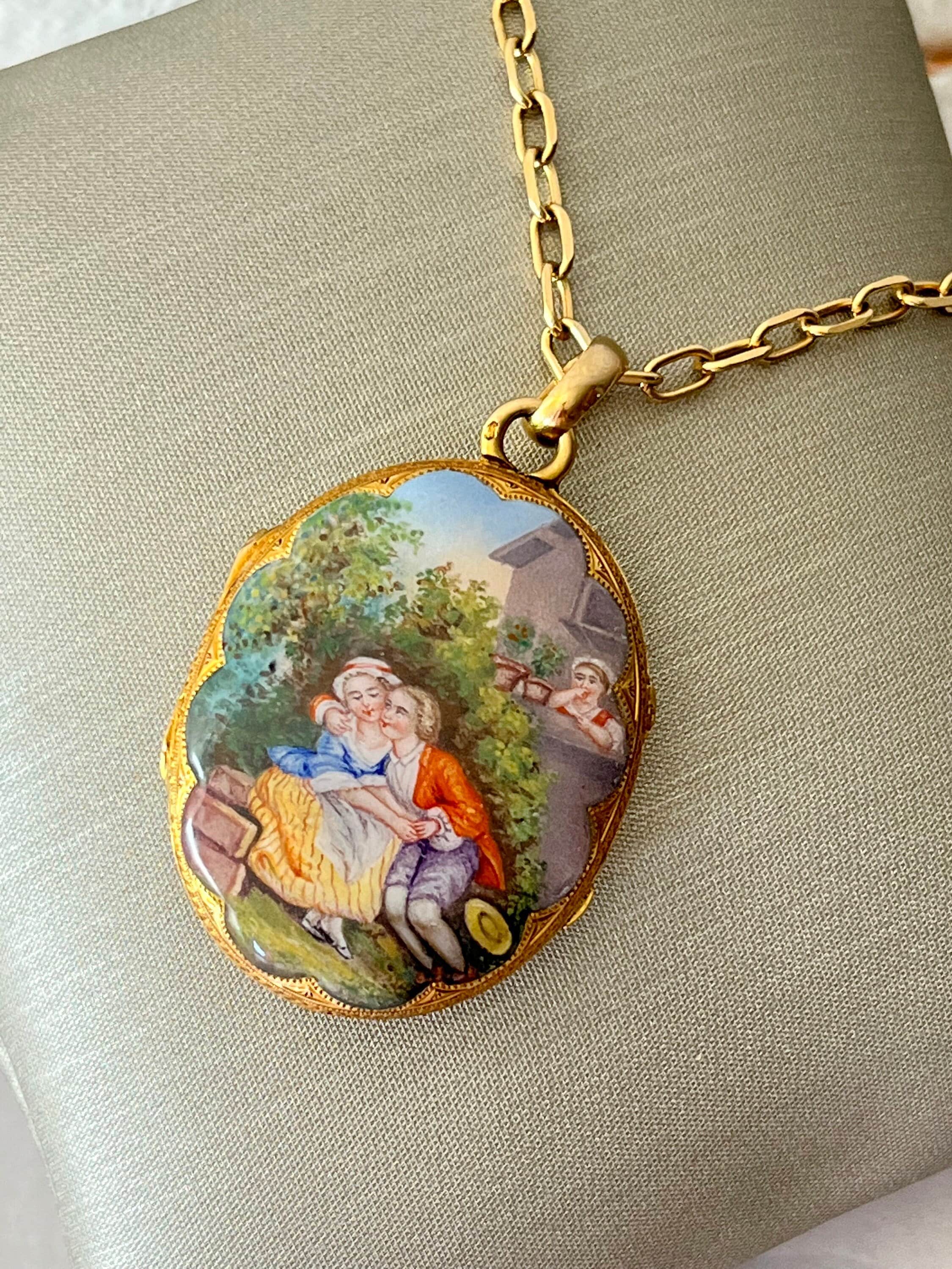 Antique French Victorian 18K Yellow Gold & Enamel Miniature Painting Locket Pendant, c. late 19th century