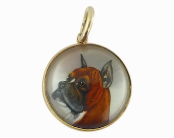 Vintage 14K Yellow Gold Reverse Intaglio Painting Under Essex Crystal of Boxer Dog Charm | Cufflinks Conversion