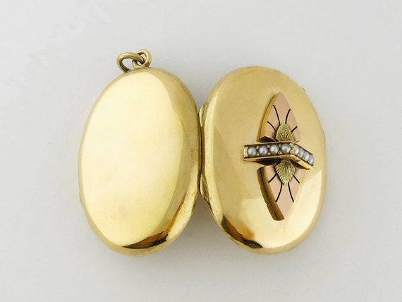 Antique 14K Yellow Gold & Seed Pearl Locket Penda… - image 4