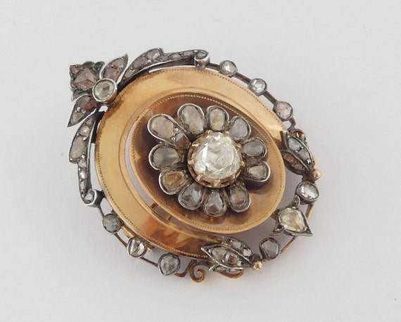Antique Victorian French 18K Rose Gold, Silver an… - image 1