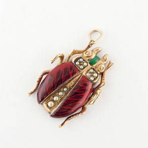 Antique 10K Gold, Enamel & Seed Pearl Beetle Scarab Insect Charm | Antique Pin Conversion
