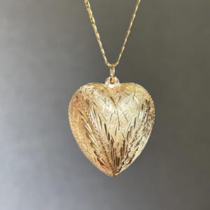 Vintage Large 14K Yellow Gold Engraved Puffed Chunky Heart Pendant, c. 1960s