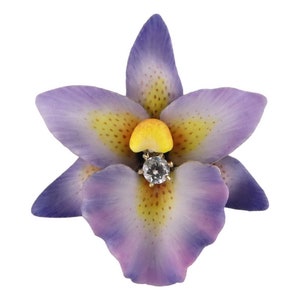 Antique Art Nouveau 14K Yellow Gold, Enamel & Diamond Orchid Brooch or Pendant