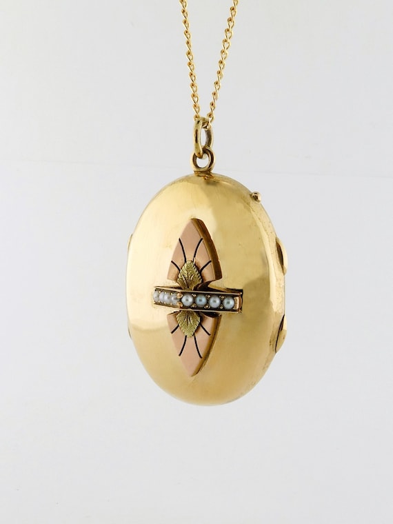 Antique 14K Yellow Gold & Seed Pearl Locket Penda… - image 1