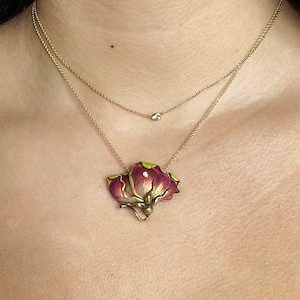 Antique Art Nouveau 18K/14K Gold & Enamel Rose Flower Pendant Necklace | Brooch Conversion