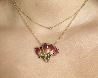 Antique Art Nouveau 18K/14K Gold & Enamel Rose Flower Pendant Necklace | Brooch Conversion