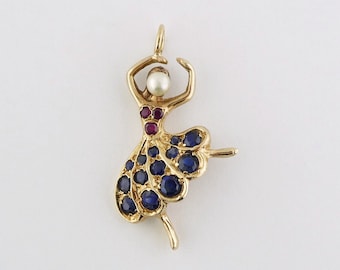 Vintage 14K Yellow Gold, Sapphire and Ruby Ballerina Dancer Charm or Pendant, c. 1960s | Vintage Pin Conversion