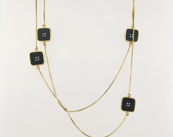 Vintage Italian by UnoAErre 18K Yellow Gold & Onyx Button Stations 35" Box Chain Necklace | Long Layering Chain