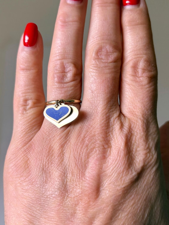 Dainty Italian 14K Yellow Gold & Lapis Hearts Charm Ring