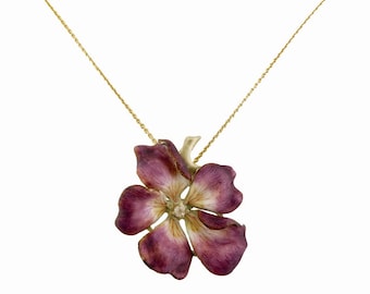 Vintage 14K Yellow Gold, Enamel & Diamond Flower Pendant | Vintage Brooch Conversion | Optional 14K Gold 18&quot; Chain