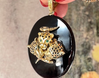 Vintage Estate X-Large 18K Yellow Gold, Onyx, Enamel & Emerald Panther Pendant | Animal Jewelry | Statement Pendant