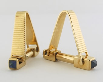 Vintage 18K Yellow Gold & Bullet Cut Sapphire Stirrup Style Cufflinks | Gold and Sapphire Cuff Links