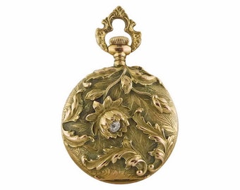Antique Art Nouveau Swiss 14K Yellow Gold & Diamond Chrysanthemum Flower Ornate Watch Pendant | Watch for Necklace