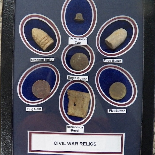 Matted Set Of 7 Identified Excavated Civil War Relics W/Dug Coin