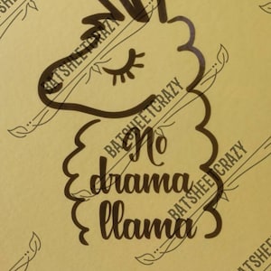 May include: Black and white illustration of a llama with its eyes closed. The llama is surrounded by a cloud-like shape with the text "no drama llama" inside.