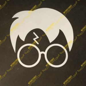 May include: White silhouette of a person with a lightning bolt scar on their forehead and round glasses. The silhouette is on a black background.