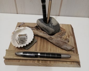 Desk organizer - wooden jewelry box with pebbles and seashells - Desk storage - Pencil holder - Jewelry storage