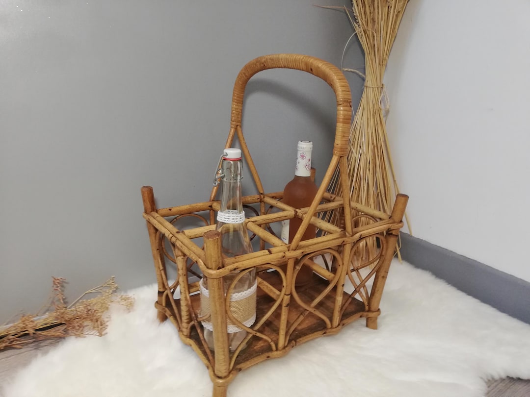 Bamboo Bottle Holder / Wicker Basket / Bamboo Carrying Basket / Bottle ...