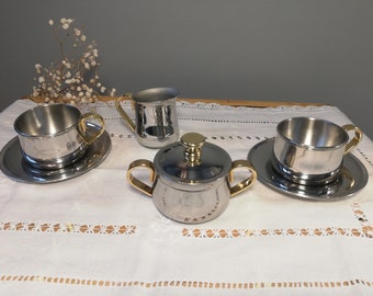 18/10 stainless steel coffee set / Coffee service / Cups, milk jug and sugar bowl with gold decoration / Vintage set