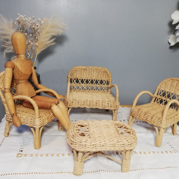 Salon de poupée en osier / Fauteuils et table en rotin  / Rattan armchair / Chaise osier / Fauteuils de poupée