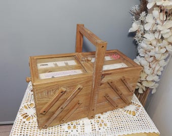 Sewing Box / Vintage Accordion Sewing Box / Wooden Knitting Box / Large Accordion Storage