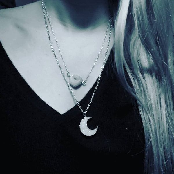 Moon or circle druzy pendant necklace - Collier lune ou rond en cristal de druse