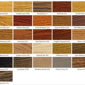 May include: A chart of 15 wood stain colors with their names and numbers. The colors range from light to dark, with shades of brown, red, and gray.