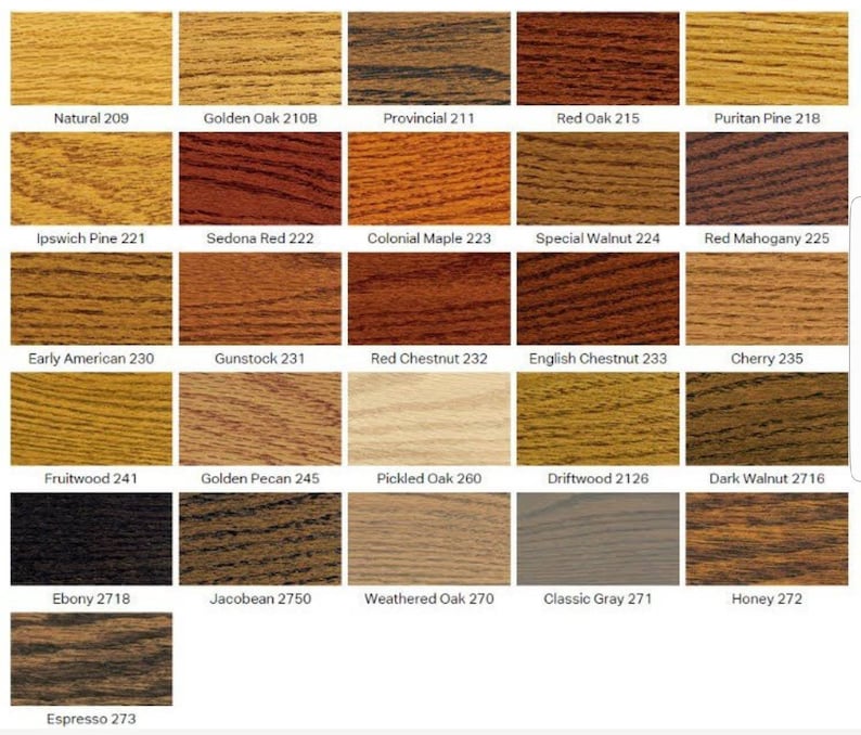 May include: A chart of 15 wood stain colors with their names and numbers. The colors range from light to dark, with shades of brown, red, and gray.