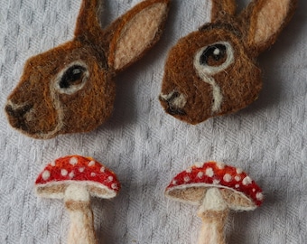 Brooch/Pin handmade Felted Rabbit  Red mushroom , toadstool pin Needle felted brooch felted rabbit Goblin core Cottage mothers day  gift