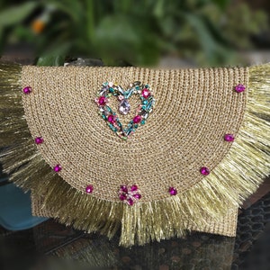 Golden party clutch with crystals and fringes, special for a Valentine's Day gift. Gold Evening Bag" and "Boho Chic Bag.