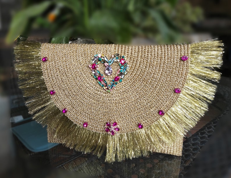Golden party clutch with crystals and fringes, special for a Valentine's Day gift. Gold Evening Bag" and "Boho Chic Bag.