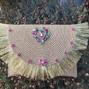 Golden party clutch with crystals and fringes, special for a Valentine's Day gift. Gold Evening Bag" and "Boho Chic Bag.