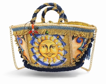 Handmade Straw Bag with Sun Design | Boho Wicker Beach Tote Summer Accessory