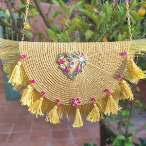 Golden party clutch with crystals and fringes, special for a Valentine  Day gift. Gold Evening Bag.Boho Chic Bag.