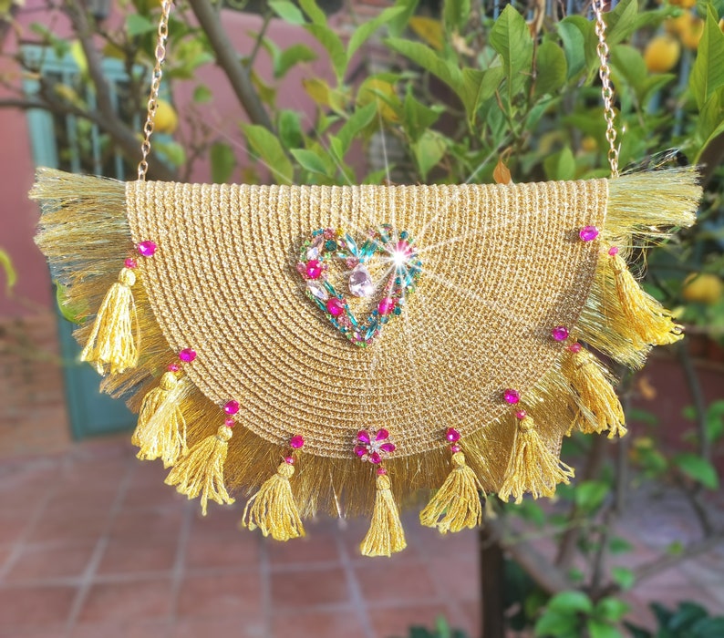 Golden party clutch with crystals and fringes, special for a Valentine  Day gift. Gold Evening Bag.Boho Chic Bag.