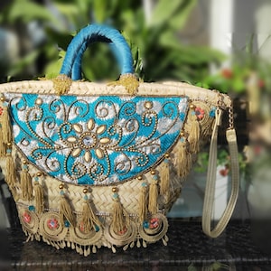 Strandtasche, spezielle gestickte Tasche für Frauengeschenke, Geschenkkorbtasche, blaue Korbtasche