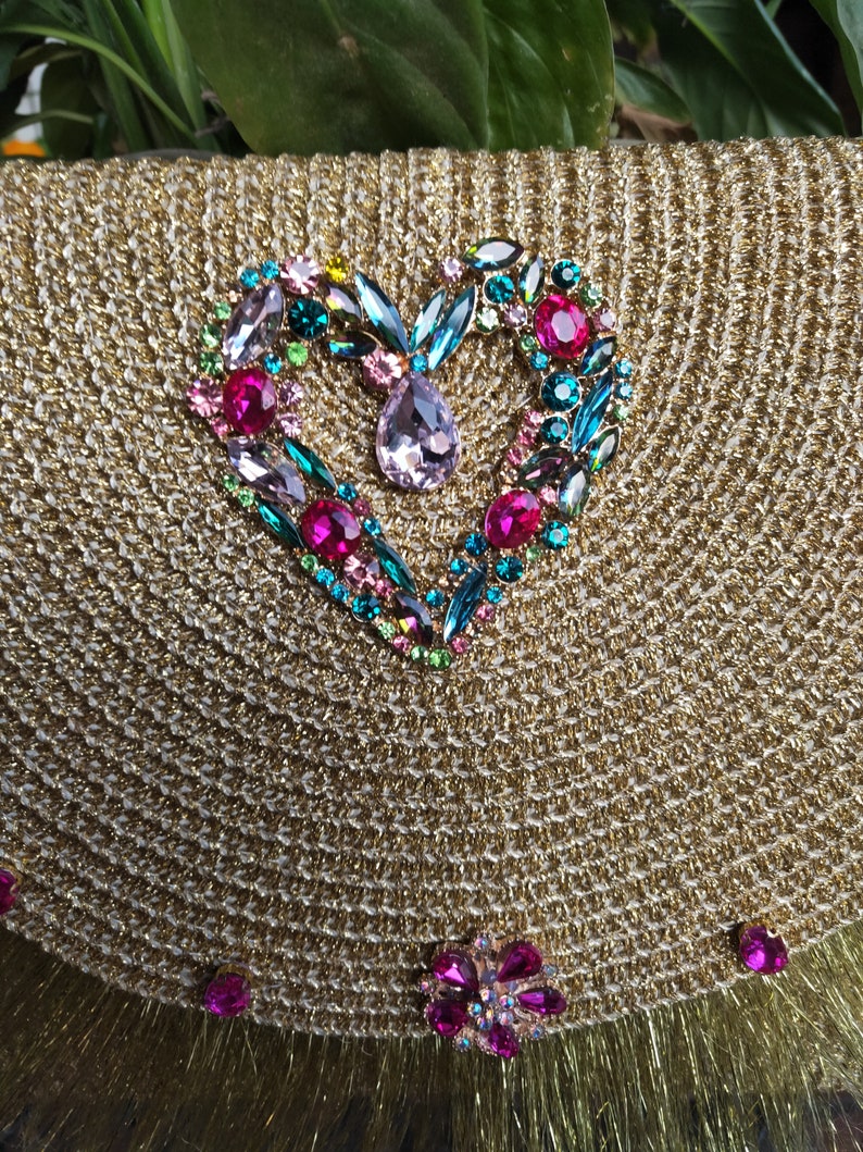 Golden party clutch with crystals and fringes, special for a Valentine's Day gift. Gold Evening Bag" and "Boho Chic Bag.