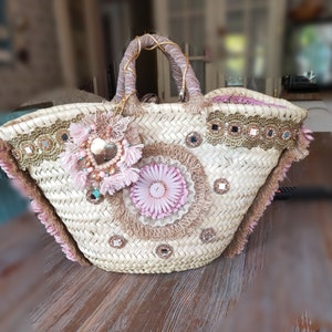 Rosa Strandtasche, gestickte personalisierte Tasche