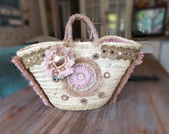Pink beach bag, embroidered personalized bag