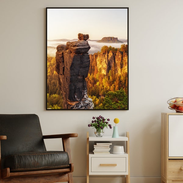 Poster Sächsische Schweiz Fotografie Wandbild Wanderlust Berge Stein Sonnenaufgang Himmel Landschaft NATUR Bild Sonnenuntergang bei Sachsen