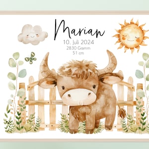 Póster Hochlandrind Habitación infantil Póster de nacimiento Anuncio de nacimiento Regalo Nombre de nacimiento Fecha Nombre personalizado Póster Granja individual