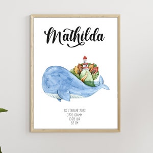 Poster Kinderzimmer Wal, Geburtsposter Geschenk Geburtstag Geburt  blau Mädchen Junge mit Name Datum personalisiert Namensposter individuell