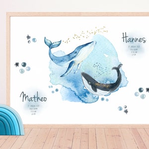 Geburtsanzeige Zwillinge personalisiert, Kinderbild mit Namen, DIN A4 A3 A2, Ozean, Wal, Taufe, Geburt, Baby, Kind, Kinderzimmer, Wanddeko