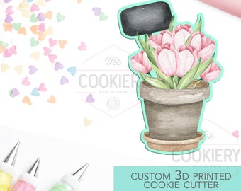 Potted Flowers with Sign Cookie Cutter, Spring flowers Cookie Cutter - 3D Printed Cookie Cutter - TCK13124