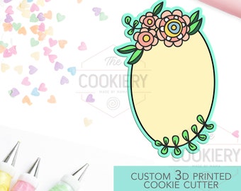 Oval Floral Plaque Cookie Cutter - Wedding Floral Cookie Cutter Plaque - 3D Printed Cookie Cutter - TCK36148
